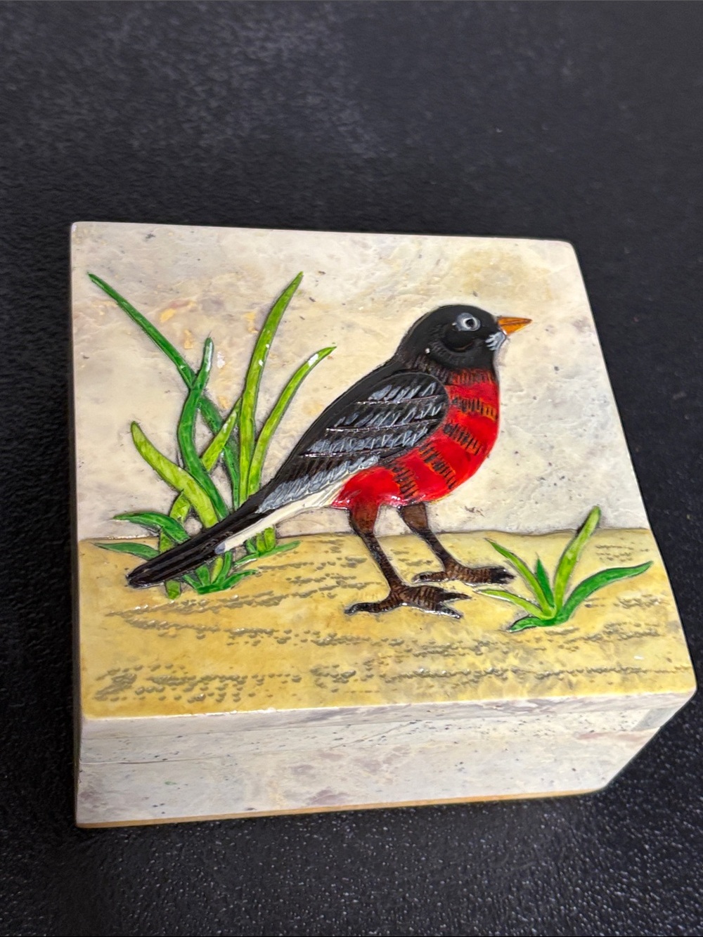 Hand-Painted Red and Black Bird Decorative Trinket Box VTG